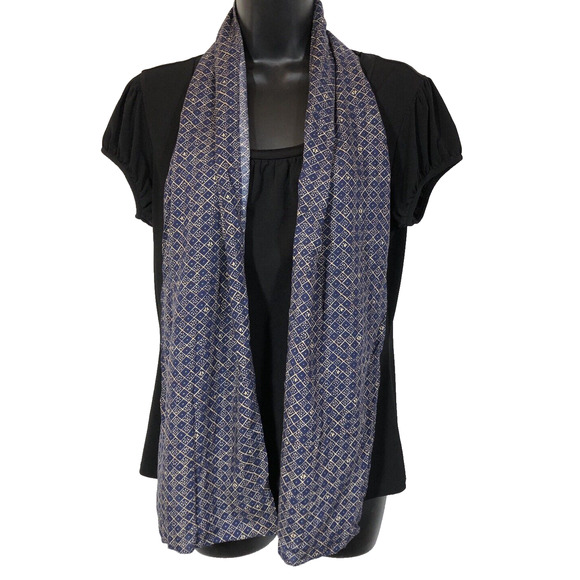 Navy Blue Tan Scarf 56" Floral Geometric Print Coquette Office Retro Vintage - Picture 1 of 4
